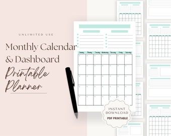 May include: Printable monthly calendar and dashboard planner with a light blue and white color scheme. The calendar has a grid layout with spaces for each day of the week. The dashboard has sections for notes and goals. The text "Instant Download PDF Printable" is on a light blue circle.