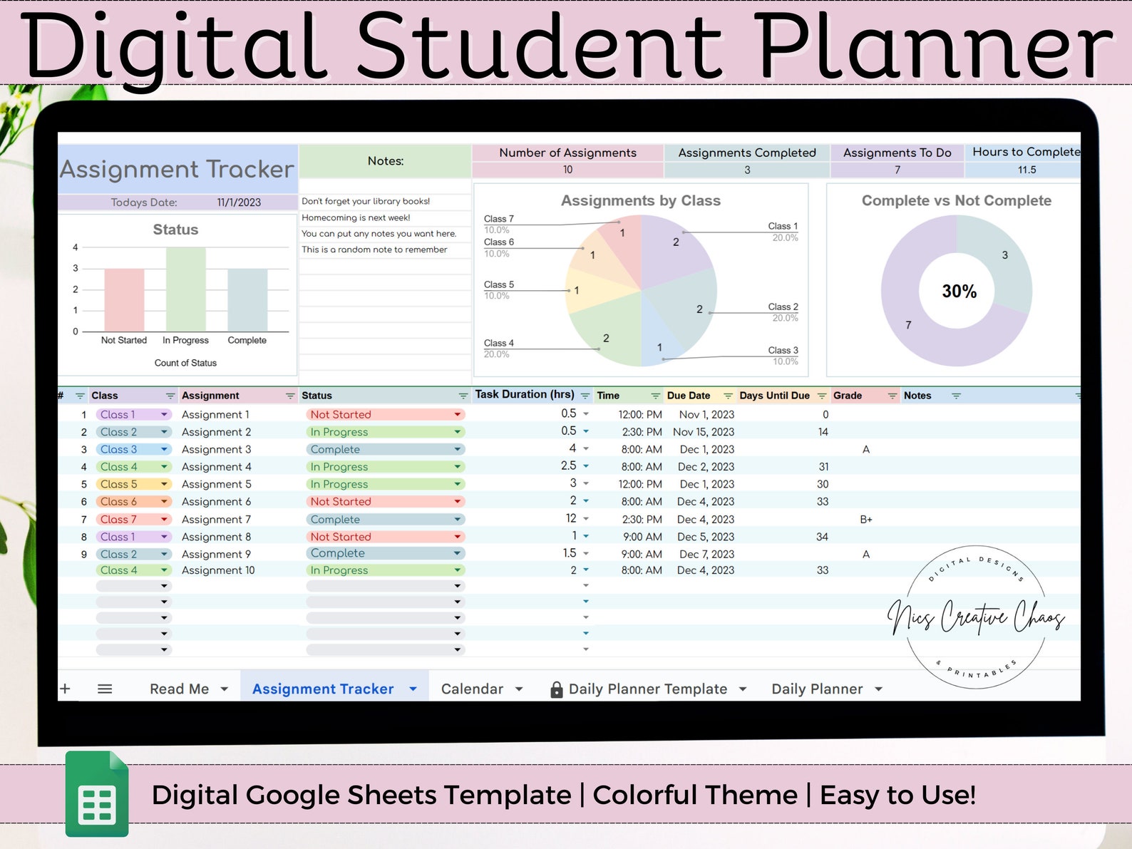 Google Sheets Assignment Tracker Spreadsheet Template, College ...