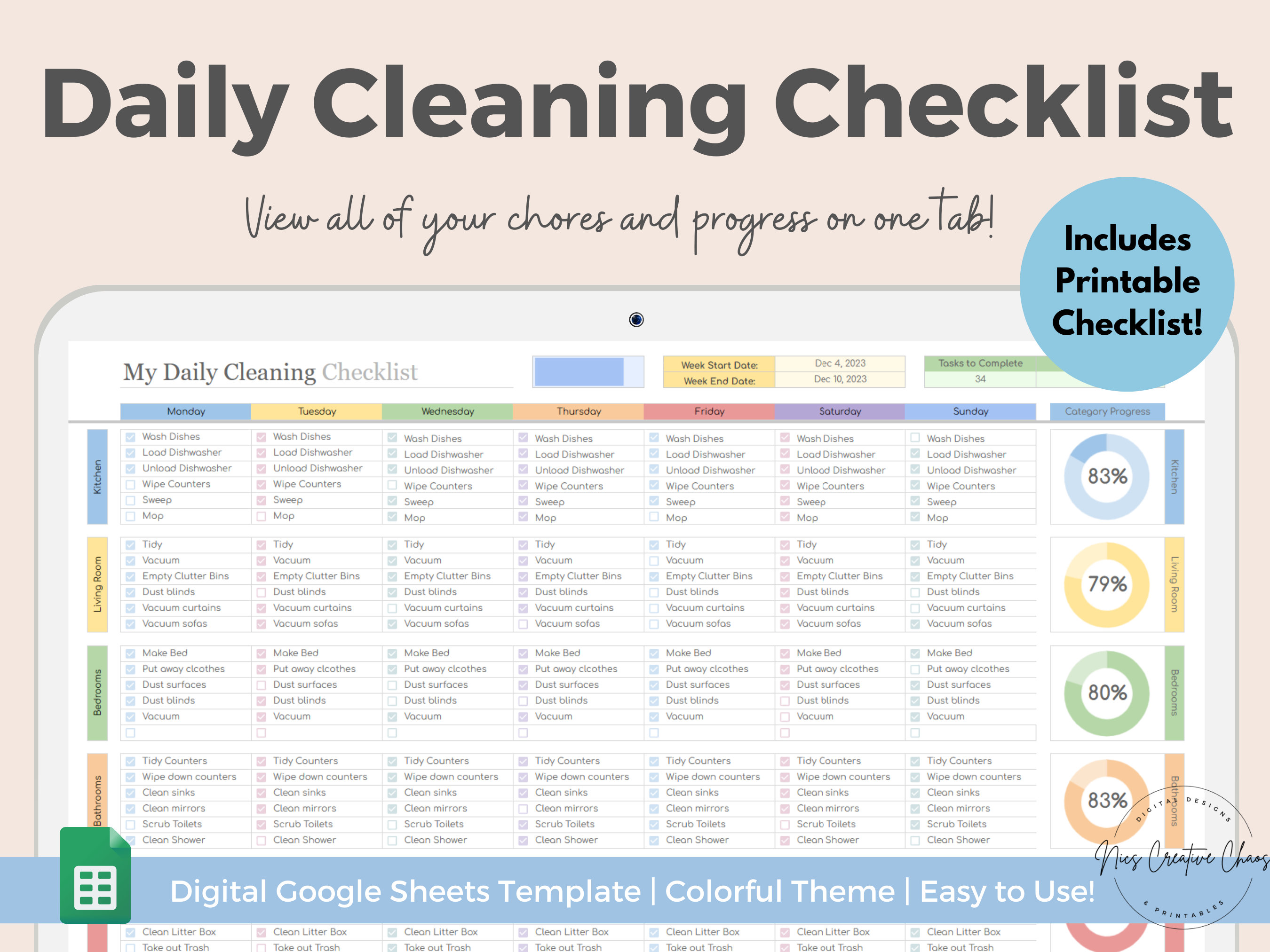 Daily Cleaning Checklist Spreadsheet, Google Sheets Cleaning Chart ...
