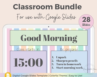 Google Slides Teacher Slideshow Templates, 28 Slide Classroom Bundle, Morning Slides, Subjects, Multiple Layouts, Microsoft PowerPoint