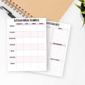 Weekly Meal Planner Printable Grocery List, Digital Meal Planner, Weekly Shopping List, Dinner Prep Template, Pink, Simple, Elegant Inserts