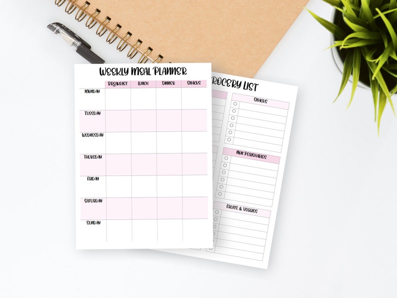 Weekly Meal Planner Printable Grocery List, Digital Meal Planner, Weekly Shopping List, Dinner Prep Template, Pink, Simple, Elegant Inserts