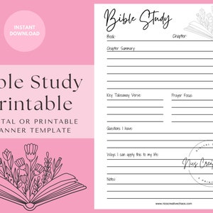 Bible Study Printable Template, Bible Journal Planner, Bible Study Worksheet, Chapter Summary, Key Verse, Notes, Digital or Printable PDF