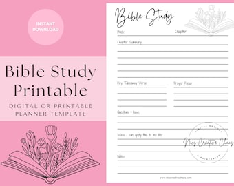 May include: Printable Bible study planner template with a pink background and a black and white illustration of an open book with flowers. The template includes sections for book, chapter, chapter summary, key takeaway verse, prayer focus, questions, ways to apply to life, and notes.