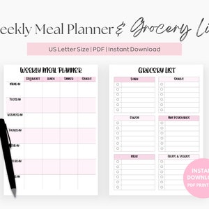 Weekly Meal Planner Printable Grocery List, Digital Meal Planner, Weekly Shopping List, Dinner Prep Template, Pink, Simple, Elegant Inserts