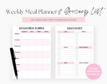 Weekly Meal Planner Printable Grocery List, Digital Meal Planner, Weekly Shopping List, Dinner Prep Template, Pink, Simple, Elegant Inserts