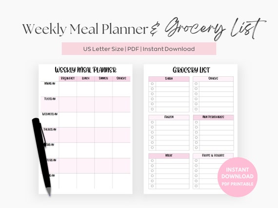 Weekly Meal Planner Printable Grocery List, Digital Meal Planner, Weekly Shopping List, Dinner Prep Template, Pink, Simple, Elegant Inserts