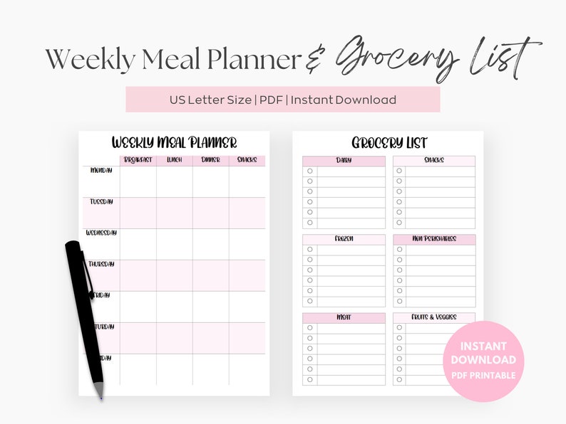 Weekly Meal Planner Printable Grocery List, Digital Meal Planner, Weekly Shopping List, Dinner Prep Template, Pink, Simple, Elegant Inserts