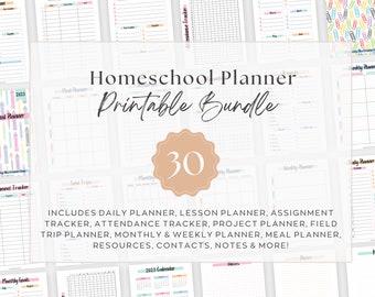 May include: A printable homeschool planner bundle with 30 pages. The bundle includes daily, weekly, monthly, and lesson planners, as well as assignment, attendance, field trip, and meal planners. The image features a colorful design with a large number 30 in the center.