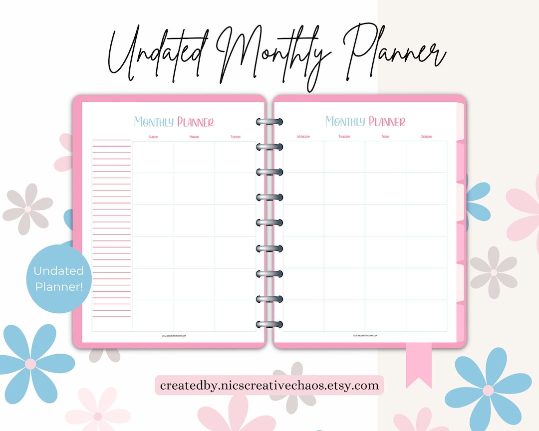 Undated Monthly Planner Printable, Monthly Calendar & Notes, Pink Blue ...