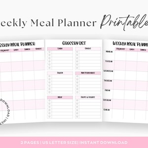 Weekly Meal Planner Printable Grocery List, Digital Meal Planner, Weekly Shopping List, Dinner Prep Template, Pink, Simple, Elegant Inserts