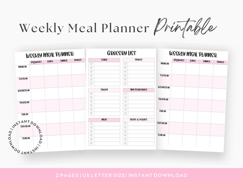 Weekly Meal Planner Printable Grocery List, Digital Meal Planner, Weekly Shopping List, Dinner Prep Template, Pink, Simple, Elegant Inserts