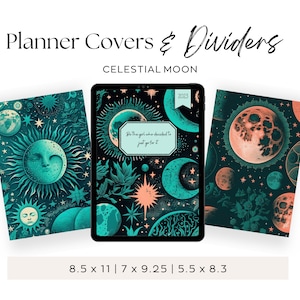 Printable Planner Covers & Dividers, Digital Planner Covers, Celestial Moon Sun, Black Teal, Digital Notebook Cover Bundle