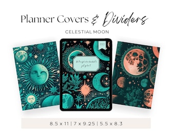 Printable Planner Covers & Dividers, Digital Planner Covers, Celestial Moon Sun, Black Teal, Digital Notebook Cover Bundle