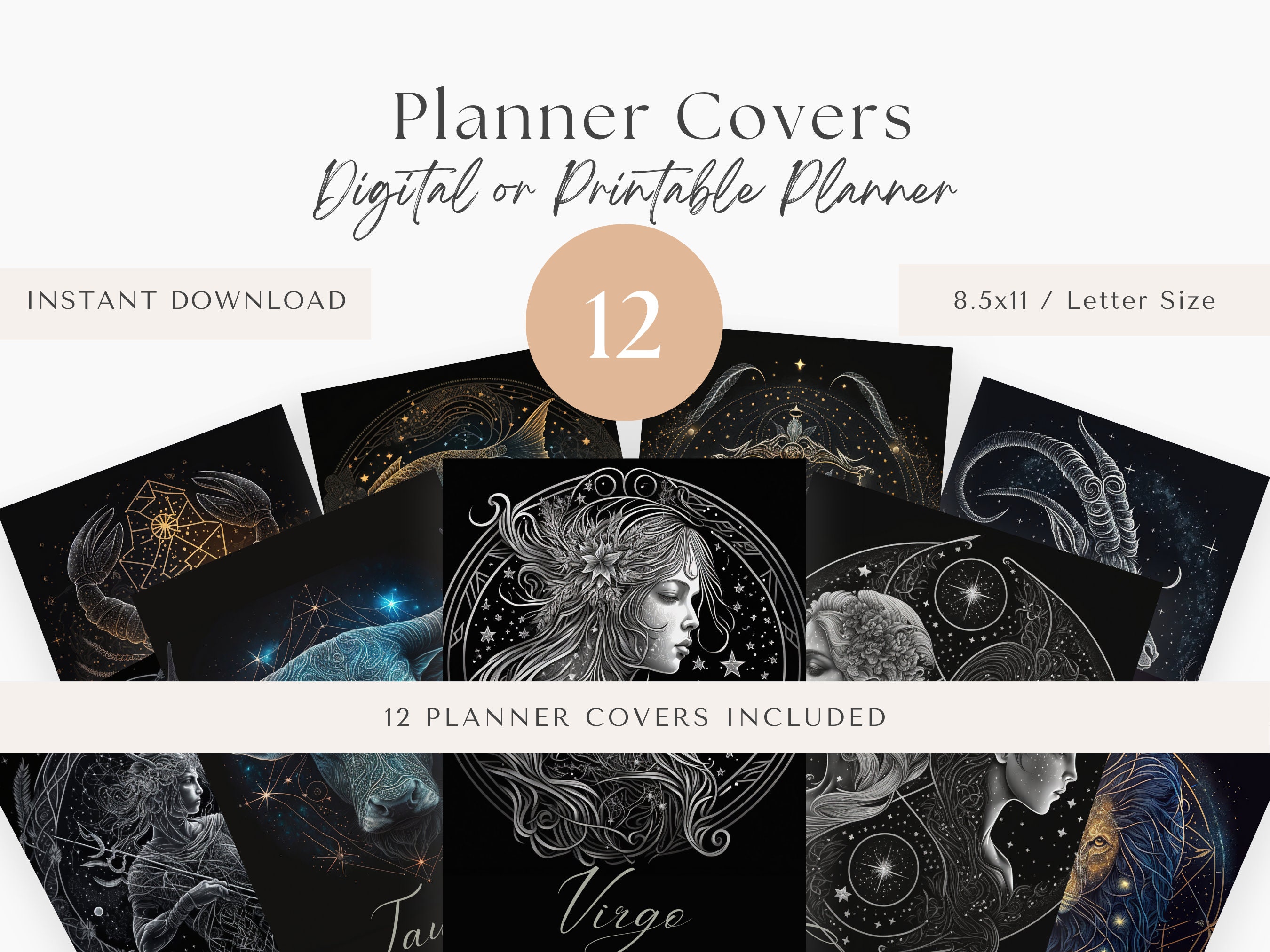 Printable Planner Covers Zodiac Bundle, Black Planner Cover Printables, Digital Notebook Covers, GoodNotes Planner Covers, Journal Cover PNG