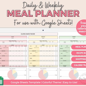 Daily Meal Planner Spreadsheet Google Sheets, Recipe Book Digital