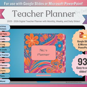 Planificador digital para docentes (Presentaciones de Google), gestión del aula, planificación de clases, calendario mensual, planificación semanal, horario diario y paquete de pegatinas.