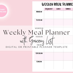 Weekly Meal Planner Printable Grocery List, Digital Meal Planner, Weekly Shopping List, Dinner Prep Template, Pink, Simple, Elegant Inserts