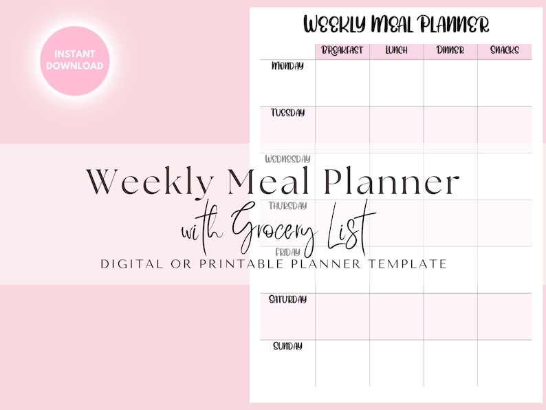 Weekly Meal Planner Printable Grocery List, Digital Meal Planner, Weekly Shopping List, Dinner Prep Template, Pink, Simple, Elegant Inserts