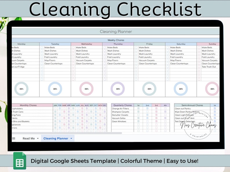 Digital Cleaning Planner Spreadsheet, Google Sheets Cleaning Checklist