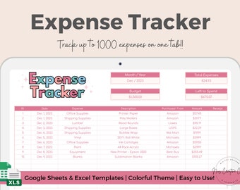 Könnte beinhalten: Eine rosa und blaue digitale Tabellenvorlage zum Verfolgen von Ausgaben. Die Vorlage enthält Spalten für Datum, Ausgabe, Beschreibung, Kauf von, Betrag und Quittung. Die Tabelle trägt den Titel "Expense Tracker" und hat ein Budget von 1.500,00 $. Die Gesamtausgaben betragen 824,93 $ und der verbleibende Betrag zum Ausgeben beträgt 675,07 $.