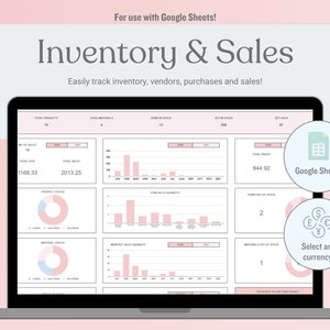 Puede incluir: Una captura de pantalla de una hoja de cálculo de Google Sheets con un esquema de color rosa y blanco. La hoja de cálculo se titula "Inventario y ventas" e incluye gráficos y diagramas que muestran datos relacionados con el inventario, las ventas y las ganancias. La hoja de cálculo está diseñada para ayudar a las empresas a realizar un seguimiento de su inventario y ventas.
