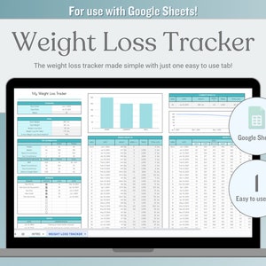 May include: A laptop computer displaying a Google Sheets spreadsheet with a weight loss tracker. The spreadsheet has tabs for "Intro" and "Weight Loss Tracker". The spreadsheet includes charts and tables to track weight, measurements, and other data. The spreadsheet is designed to be easy to use with just one tab.