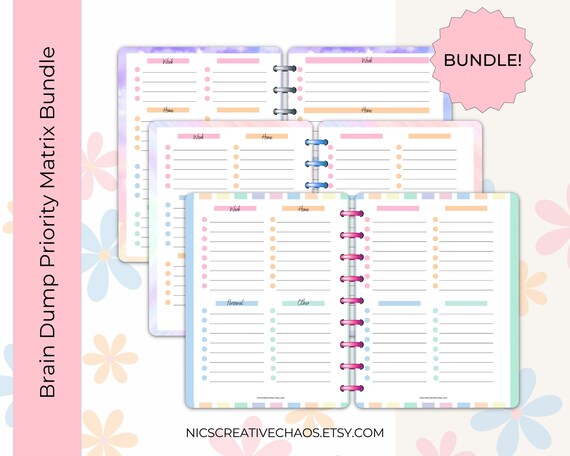 Printable To Do Lists, Brain Dump Printables, Checklists Priority Matrix Printables, Colorful List Templates 10 Pages Total, Planner Bundle