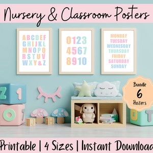 Classroom Poster Printables, Educational Kids Room Posters, Preschool Wall Decor, Alphabet Prints for Nursery, Bundle of 6 Designs & 4 Sizes