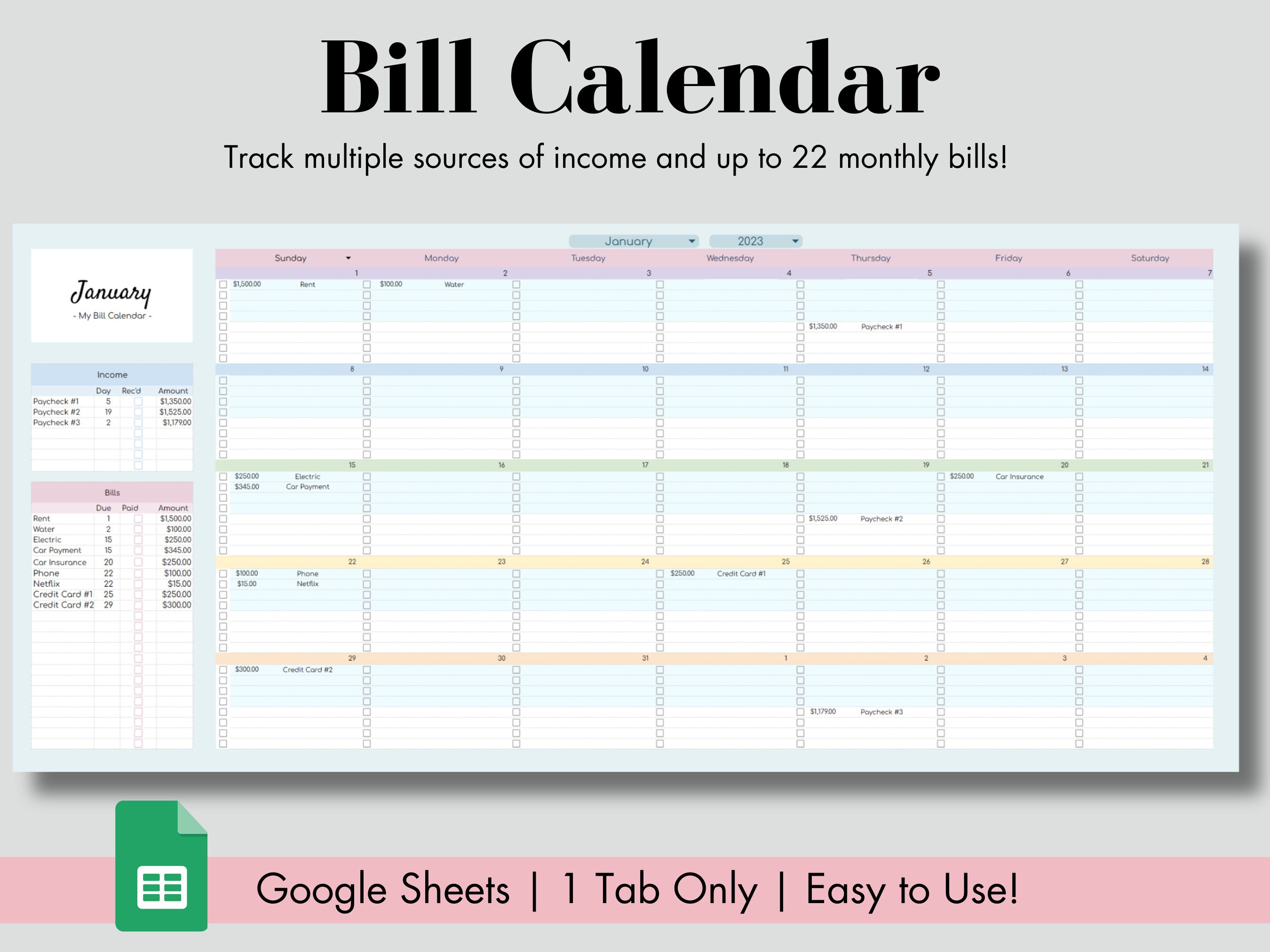 Google Sheets Budget Template, Monthly Bill Tracker Calendar, Monthly ...