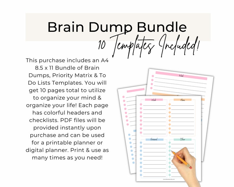 Printable To Do Lists, Brain Dump Printables, Checklists Priority Matrix Printables, Colorful List Templates 10 Pages Total, Planner Bundle