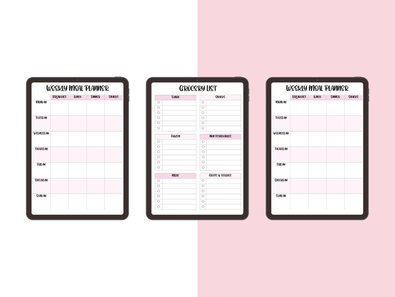 Weekly Meal Planner Printable Grocery List, Digital Meal Planner, Weekly Shopping List, Dinner Prep Template, Pink, Simple, Elegant Inserts