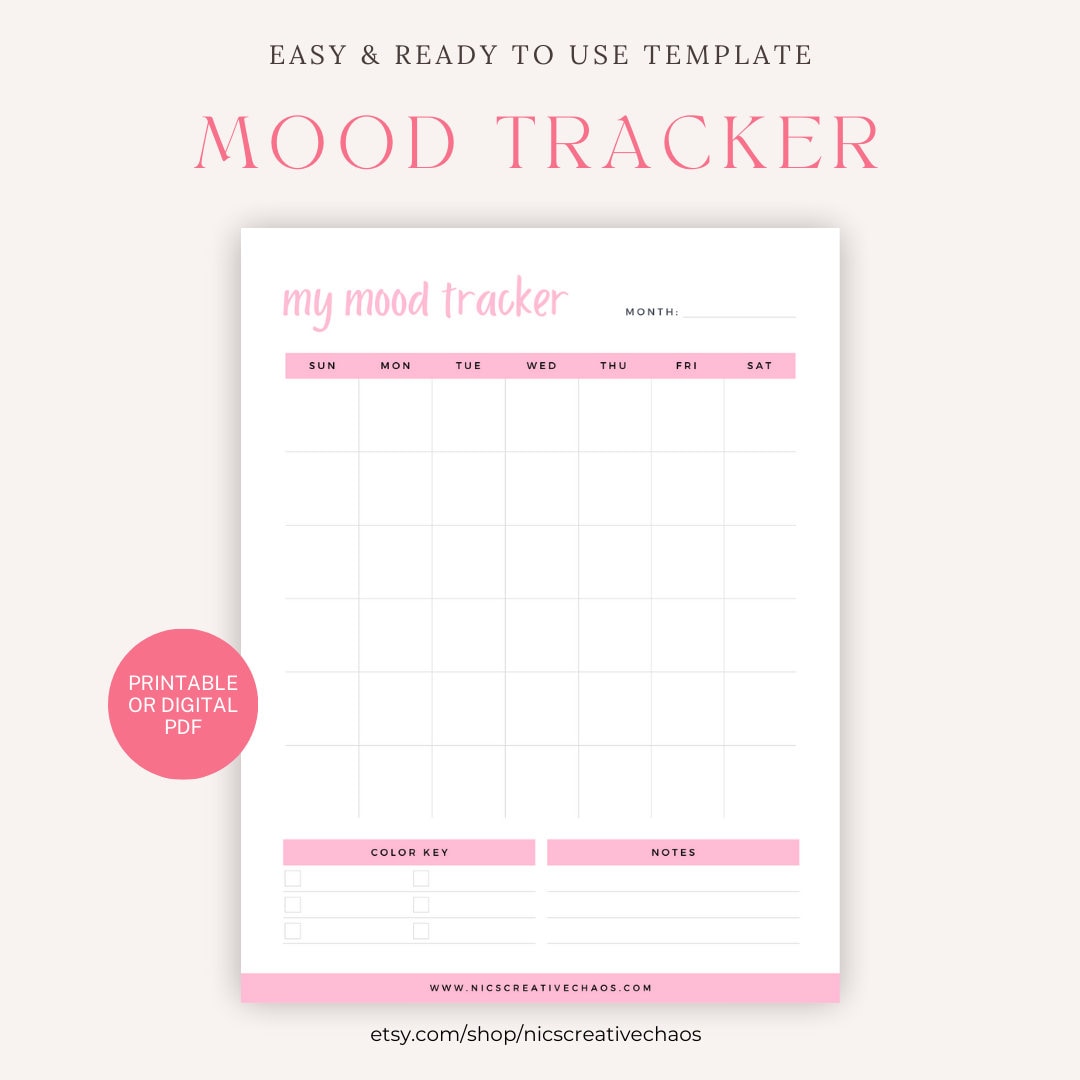 Monthly Mood Tracker Printable Template or Digital Mood Planner, Mood Calendar, Health ...