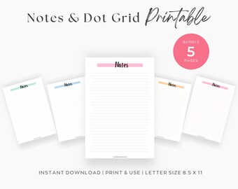 May include: Printable bundle of five note pages in different colors and styles. Includes lined, plain, and dot grid pages. Letter size, 8.5 x 11 inches.