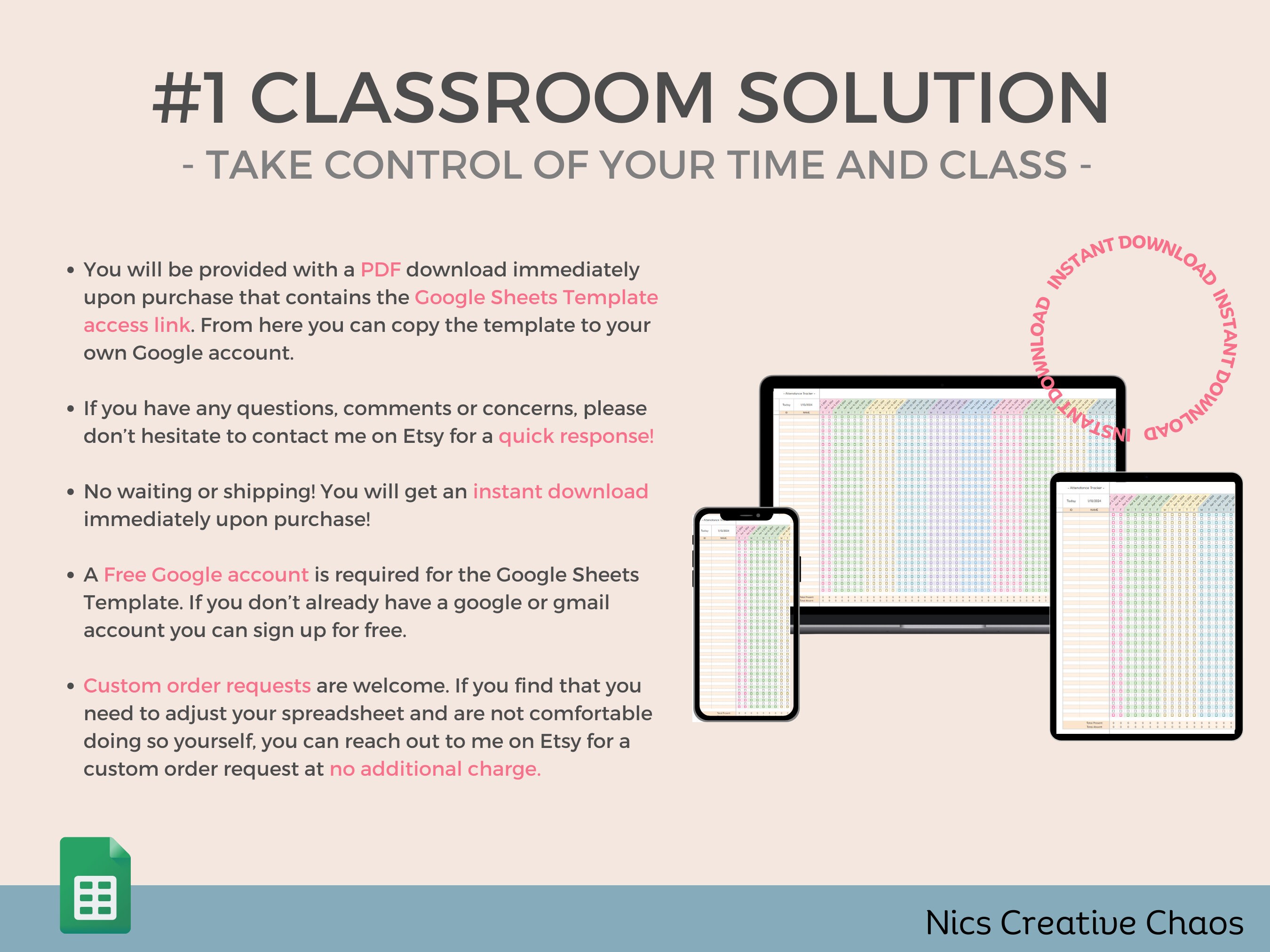 Teacher Planner Google Sheets, Attendance Checklist Spreadsheet
