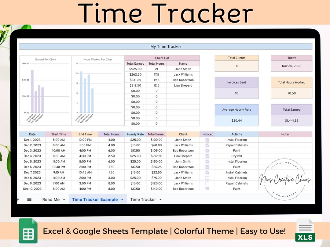 Time Tracker Spreadsheet, Excel & Google Sheets, Time Keeping Tracker ...