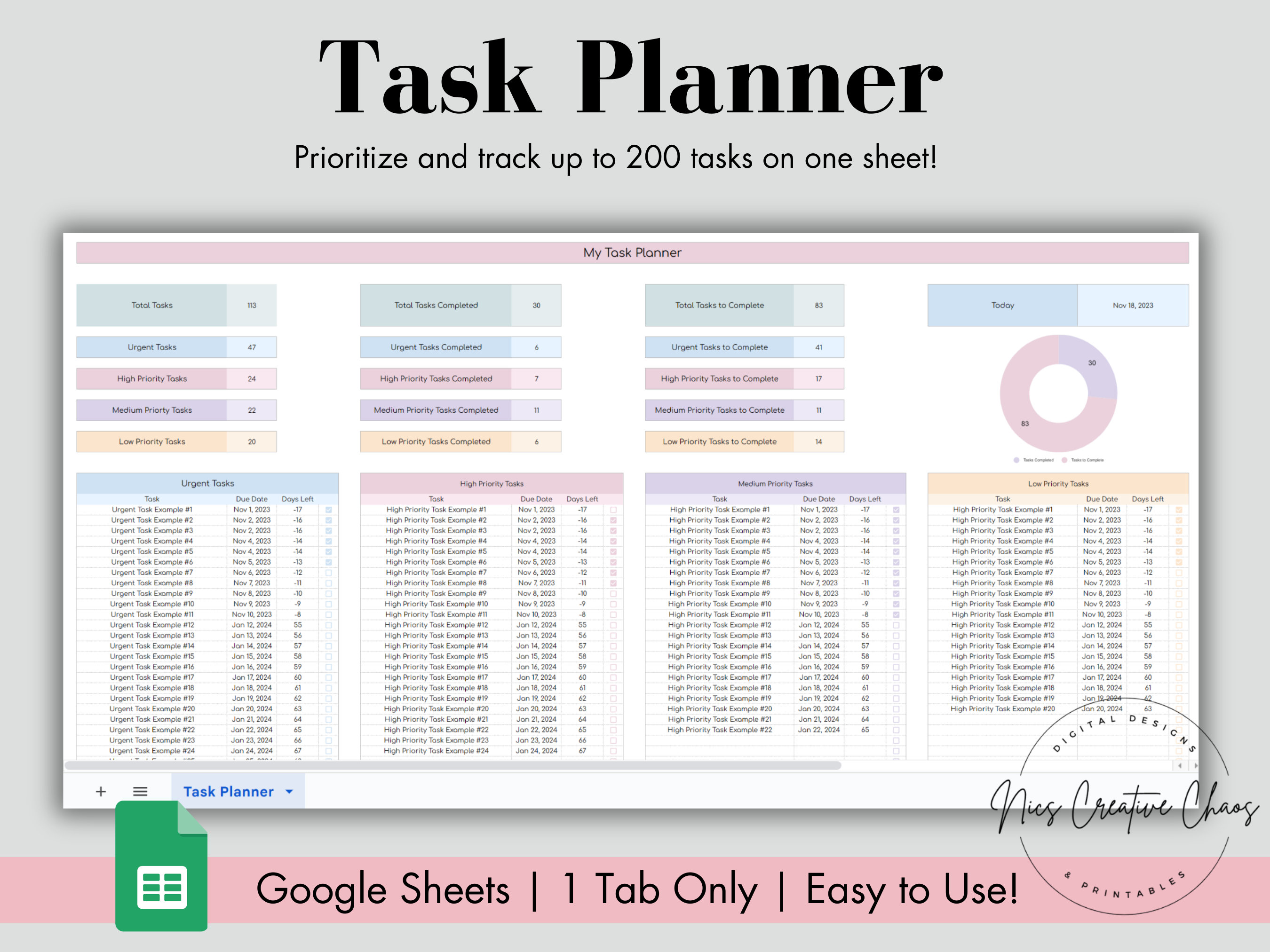 Task Tracker Spreadsheet Google Sheets, Digital Task Planner, to Do