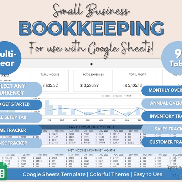 Small Business Bookkeeping Spreadsheet, Google Sheets, Small Business Spreadsheets, Income and Expense Tracker, Inventory, Sales Tracker