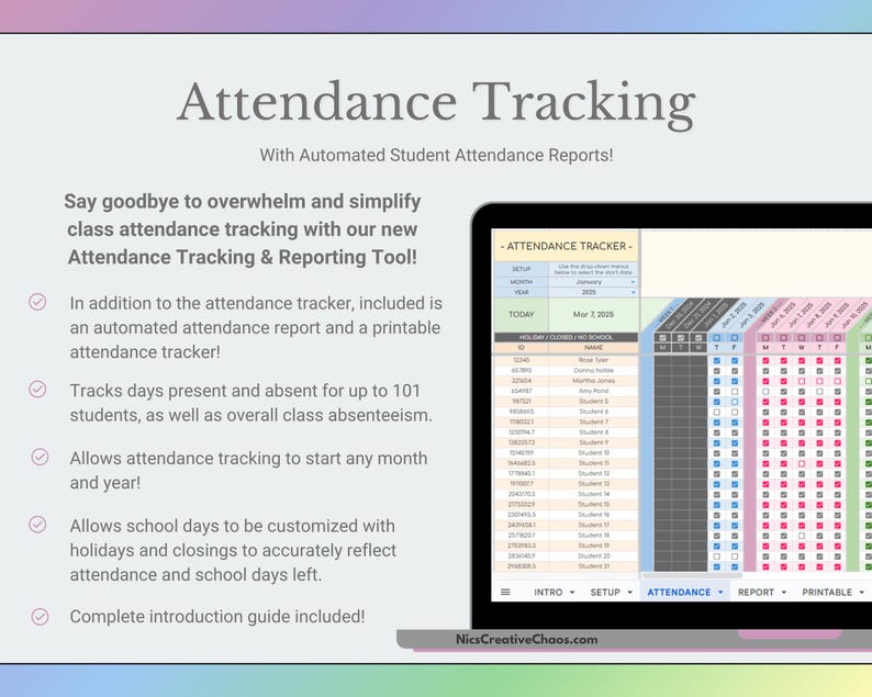 NEW Attendance Tracker Google Sheets Template, Digital Attendance Chart, Teacher Spreadsheet, Automated Class Attendance Reports & Tracking