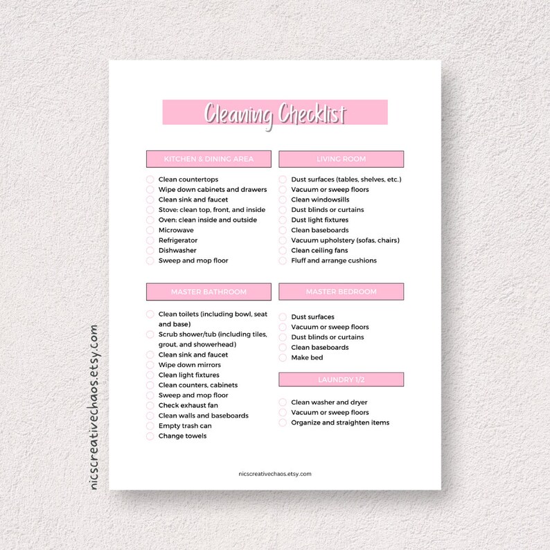 Printable Deep Cleaning Checklist Template, Prefilled Cleaning