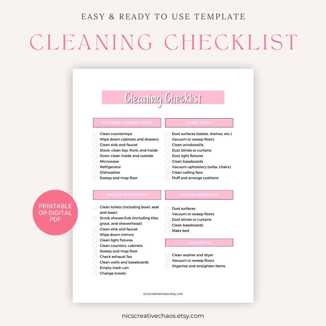 Printable Deep Cleaning Checklist Template, Prefilled Cleaning ...