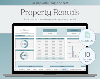 Hoja de cálculo para alquiler de propiedades, plantilla de Google Sheets para propietarios, registro de ingresos y gastos, herramienta de gestión de propiedades de alquiler, seguimiento de inquilinos