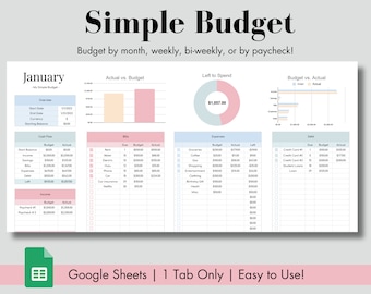 Google Sheets Budget Spreadsheet Template, Simple Budget Tracker, Digital Monthly Bill Planner, Paycheck Log, Track Expenses & Cash Flow