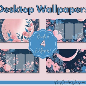 Könnte beinhalten: Ein Set aus vier digitalen Desktop-Hintergründen mit einem floralen Design mit rosa und blauen Blumen, Blättern und einem Halbmond auf dunkelblauem Hintergrund. Der Text "Bundle of 4 Wallpapers!" ist in einem blauen Kreis dargestellt.