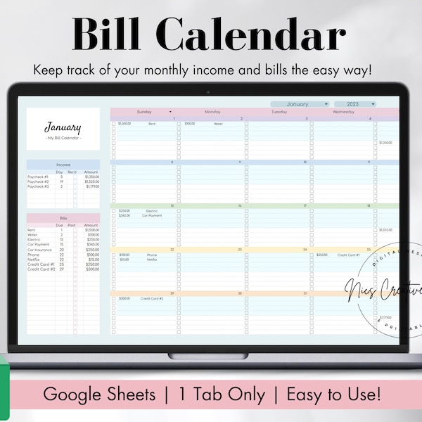 Bill Calendar Spreadsheet, Google Sheets Monthly Bill Tracker, Monthly Bill Planner, Income Tracker, Simple Bills Tracker, Financial Planner