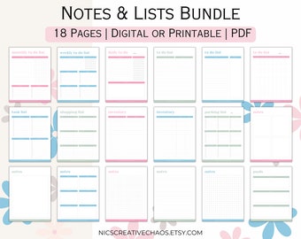 May include: A printable PDF bundle of 18 pages of lists and notes. The pages are designed with a light pink, light blue, and light green color scheme. The pages include lists for monthly, weekly, and daily to-dos, as well as task lists, shopping lists, inventory, parking lists, notes, and goals.