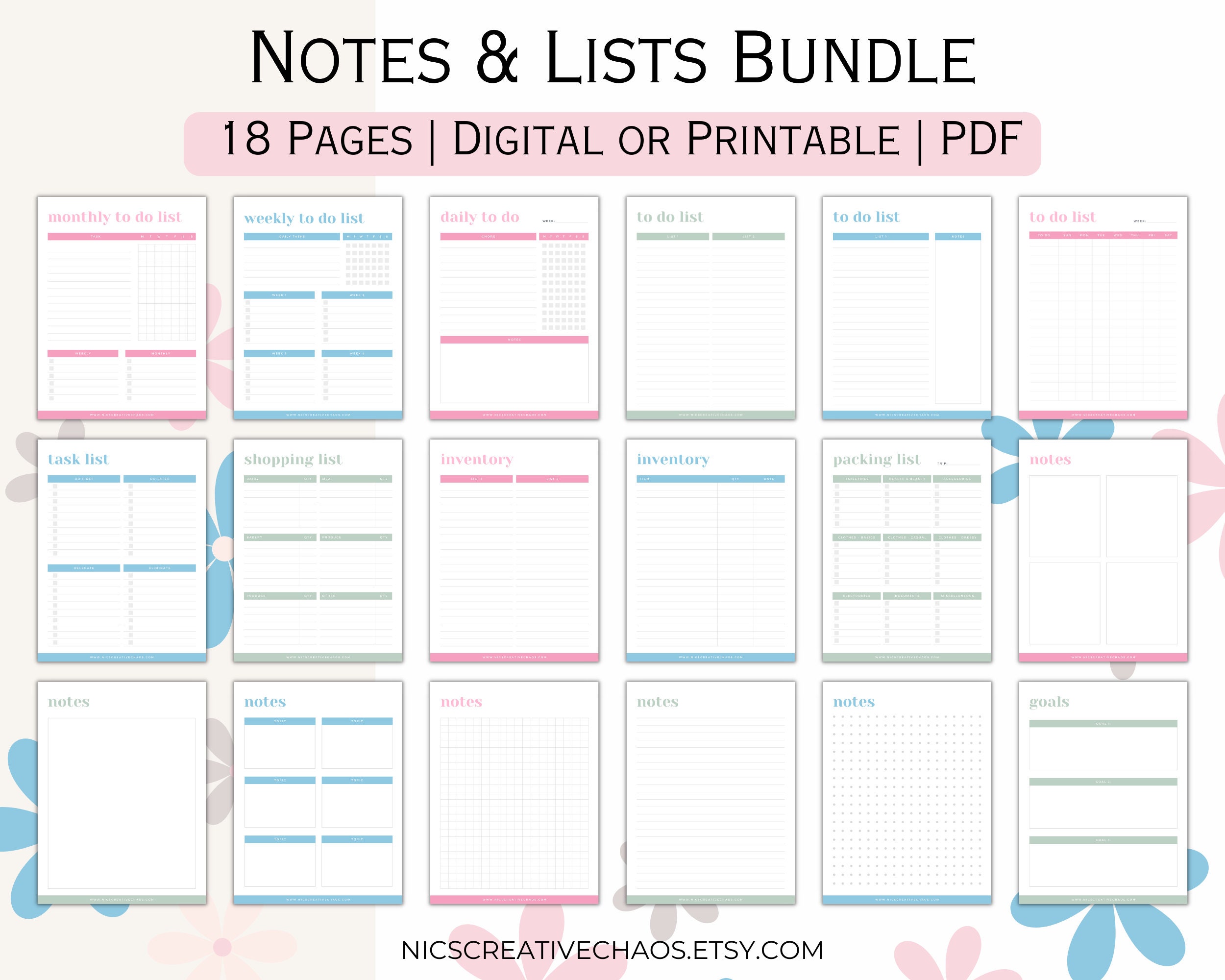 To Do List Printable Bundle, Notes and Checklists Printables Bundle ...
