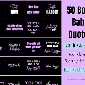 50 Neon Boss Babe Quotes Instagram Posts, Editable Bundle, Purple & Black Social Media Graphics, Story Posts, Girl Boss PNG files.