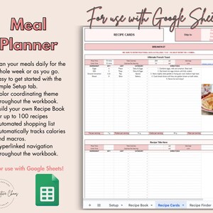 Daily Meal Planner Spreadsheet Google Sheets, Recipe Book Digital