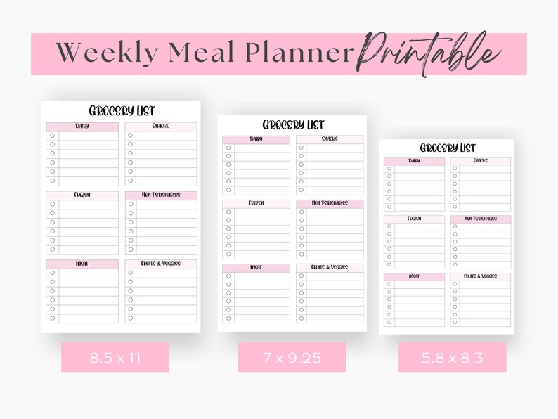 Weekly Meal Planner Printable Grocery List, Digital Meal Planner, Weekly Shopping List, Dinner Prep Template, Pink, Simple, Elegant Inserts